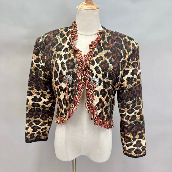 Vintage Cache Leopard Print Woven Fringe Bolero Blanket Jacket Size Small Cotton - Picture 16 of 16